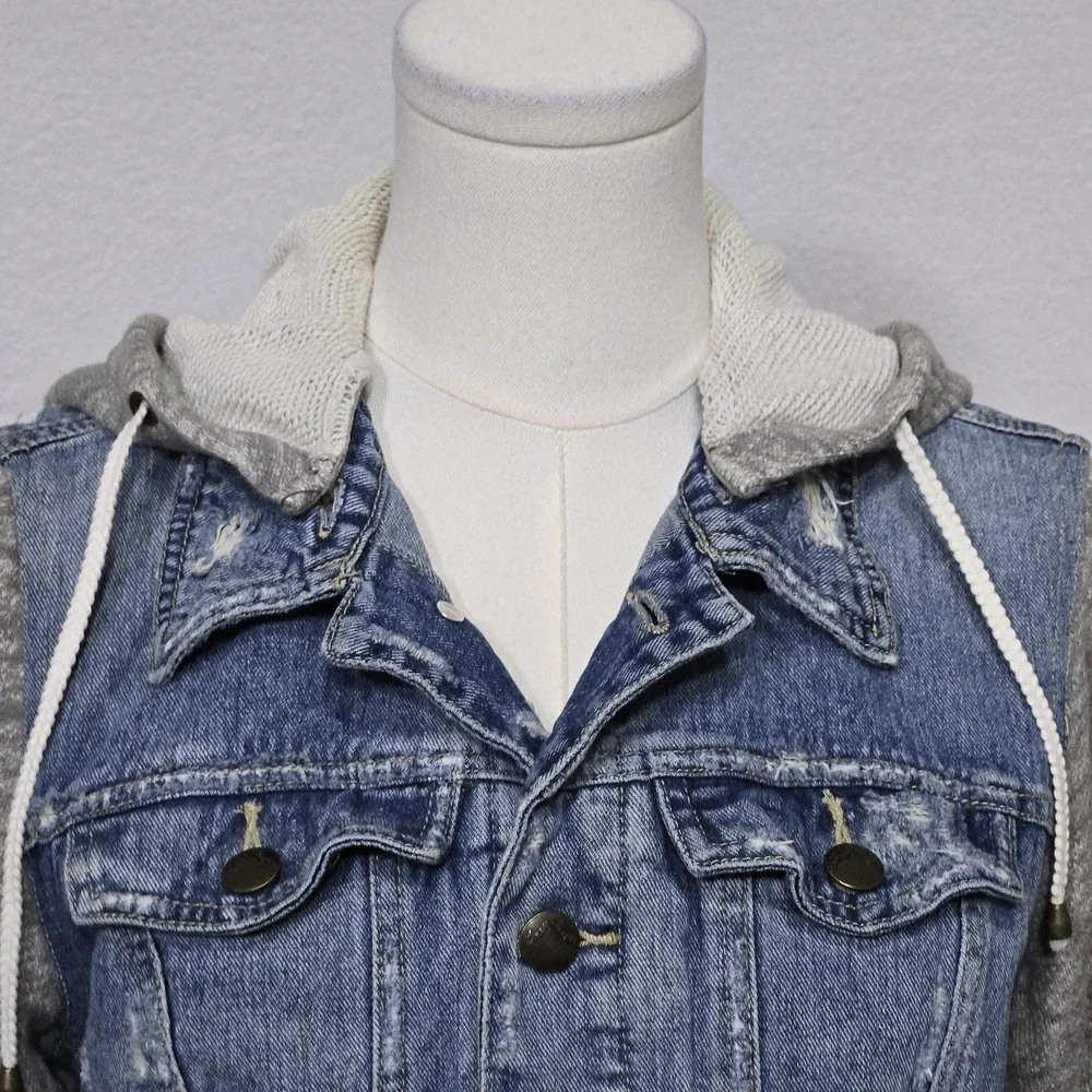 Free People‎ Jacket Womens Small Blue Gray Denim Fleece Hoodie Distressed Casual - Picture 3 of 16